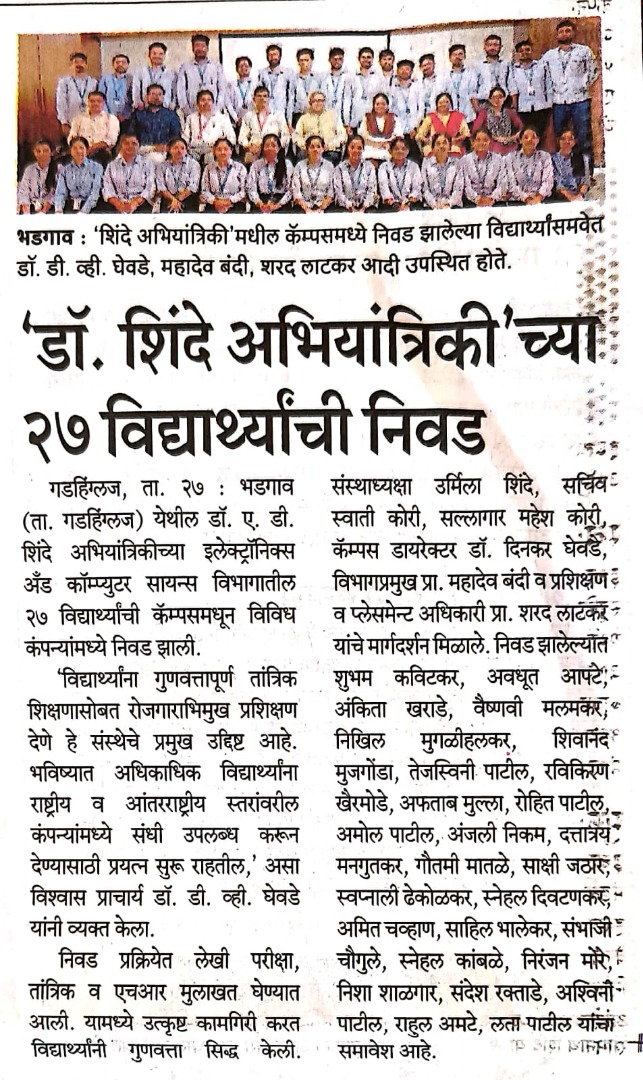 In the campus placement drive, 27 students from the Electronics and Computer Science Department of A. D. Shinde College were successfully placed